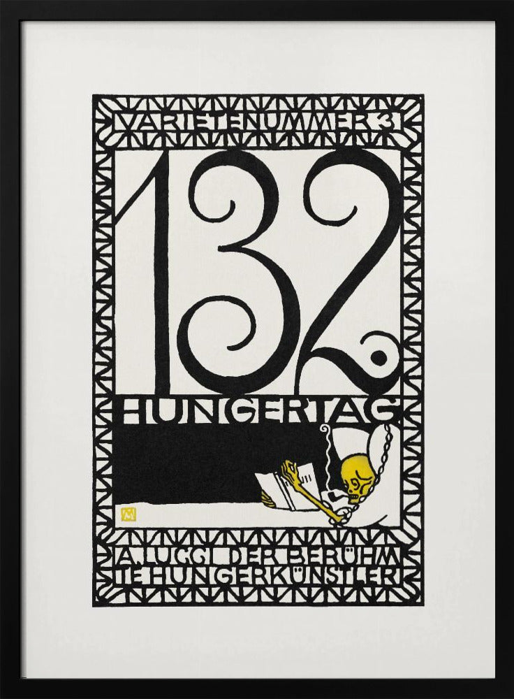 A framed vintage German art print in a graphic, woodcut style. The piece is primarily black and white with a yellow accent, featuring the large number '132' and German text like 'HUNGERTAG'. A small yellow skeleton figure is depicted reading a book and smoking a pipe, all enclosed within a geometric border. Wall Art
