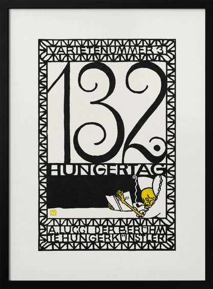 A framed vintage German art print in a graphic, woodcut style. The piece is primarily black and white with a yellow accent, featuring the large number '132' and German text like 'HUNGERTAG'. A small yellow skeleton figure is depicted reading a book and smoking a pipe, all enclosed within a geometric border. Wall Art