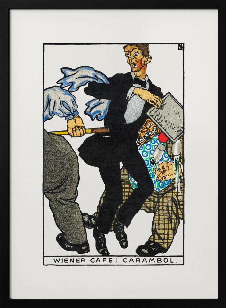 A vintage illustration titled 'Wiener Cafe: Carambol', showing a chaotic scene in a cafe. A waiter in a tuxedo looks shocked as he collides with other patrons, one holding a cue stick, causing him to drop his tray and spill drinks. Print