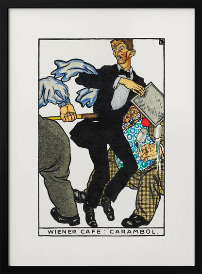 A vintage illustration titled 'Wiener Cafe: Carambol', showing a chaotic scene in a cafe. A waiter in a tuxedo looks shocked as he collides with other patrons, one holding a cue stick, causing him to drop his tray and spill drinks. Print