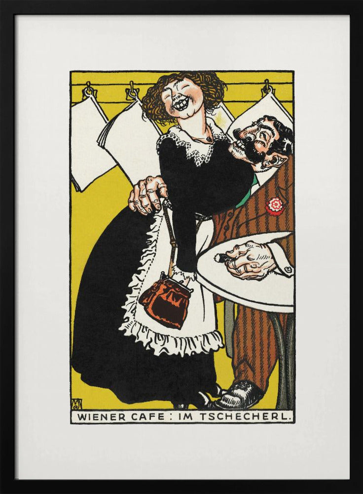 A vintage Viennese illustration depicting a jovial, laughing waitress in a black dress and white apron playfully embracing a surprised, bearded man in a brown suit. The scene is set against a vibrant yellow background with hanging papers and text at the bottom reading 'WIENER CAFE: IM TSCHECHERL.' Poster