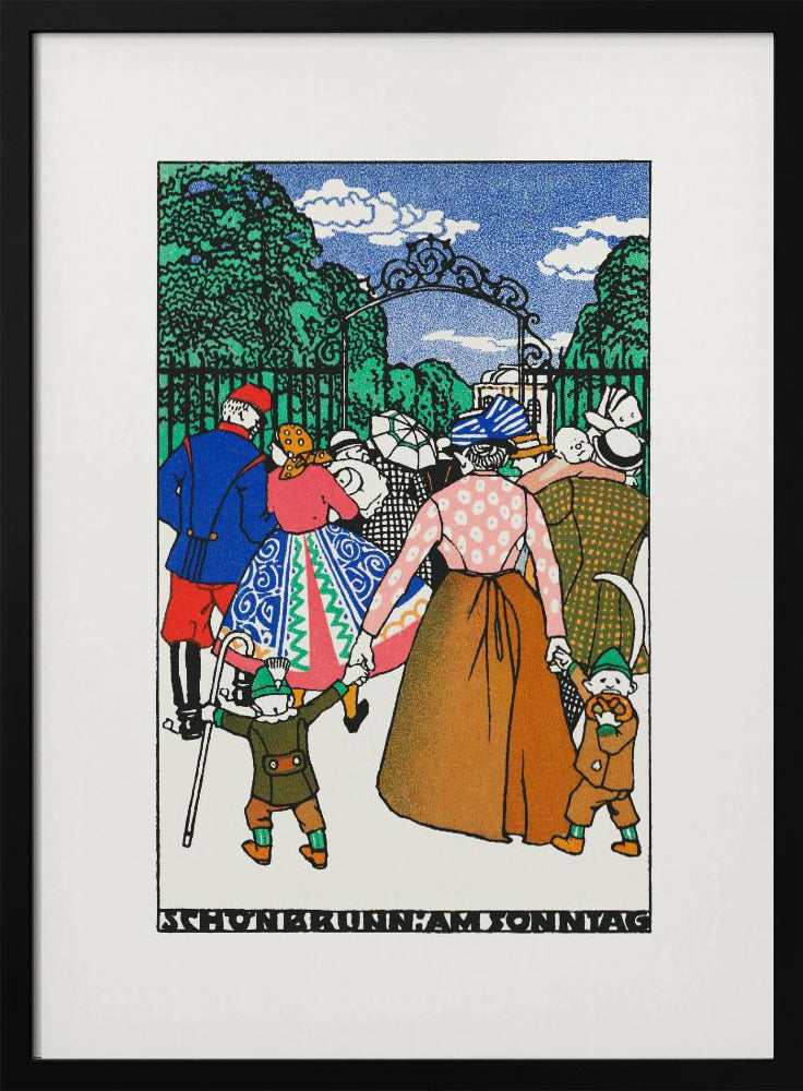A vintage illustration titled 'Schonbrunn am Sonntag' depicting a crowd of people in colorful, early 20th-century attire entering a park through an ornate iron gate. A woman in the center holds the hands of two children, all walking towards the green trees under a blue sky. Decor