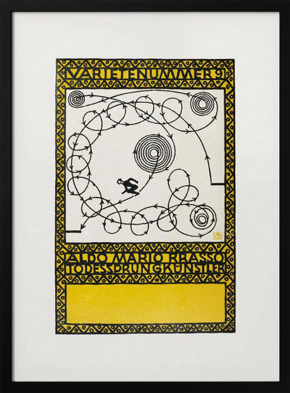 A framed vintage German poster with a yellow and black geometric border. The center features a white background with a black silhouette of a performer navigating a complex, looping path marked with arrows, alongside spiral patterns. Stylized German text appears at the top and bottom. Poster