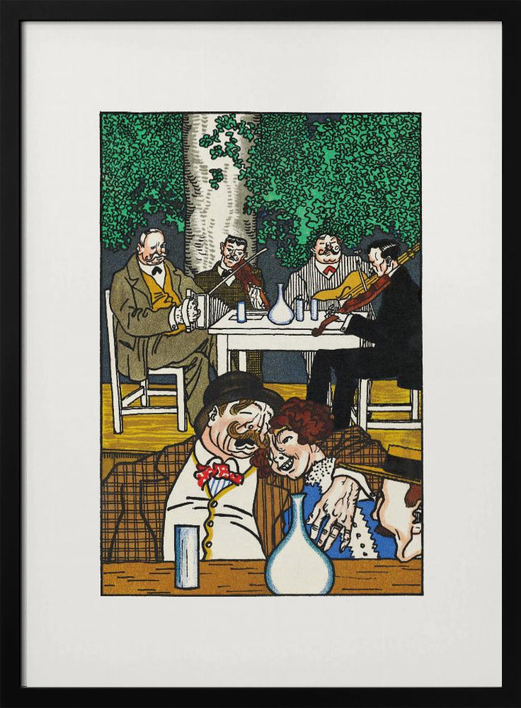 A colorful vintage illustration depicting two lively scenes. In the foreground, a mustached man and a woman are cozied up at a table. In the background, a group of four men sit under a leafy green tree, two of whom are playing violins. The artwork has a graphic, woodcut style and is framed in black. Artwork