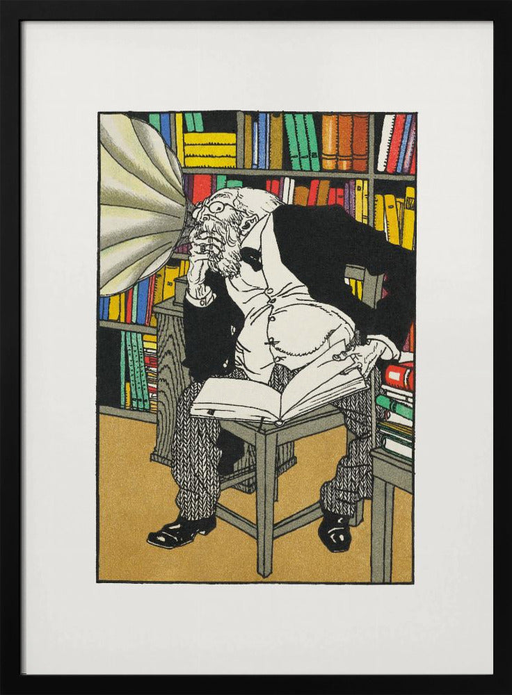 A vintage color illustration of an elderly, bearded scholar in a black suit sitting in his library, surrounded by bookshelves. He is hunched over a book, deep in thought, while a large gramophone horn is pointed directly at his ear. Print
