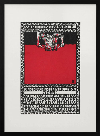 A vintage German expressionist poster by Moriz Jung titled 'Varietenummer 5'. The piece features a bold graphic style with stark red, black, and white colors, a tormented figure, and German typography enclosed in an intricate decorative border, all within a black frame. Decor