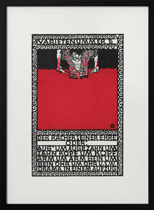 A vintage German expressionist poster by Moriz Jung titled 'Varietenummer 5'. The piece features a bold graphic style with stark red, black, and white colors, a tormented figure, and German typography enclosed in an intricate decorative border, all within a black frame. Decor