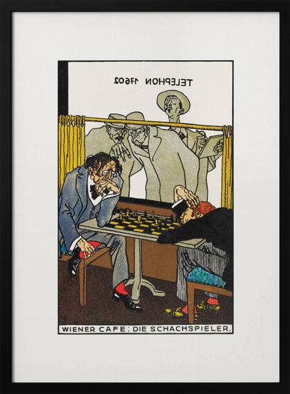 A vintage art poster titled 'WIENER CAFE: DIE SCHACHSPIELER' depicting a tense chess match. One player with disheveled hair intensely studies the board, while his opponent has slumped over in defeat. Onlookers watch the game from behind a yellow curtain. Wall Art