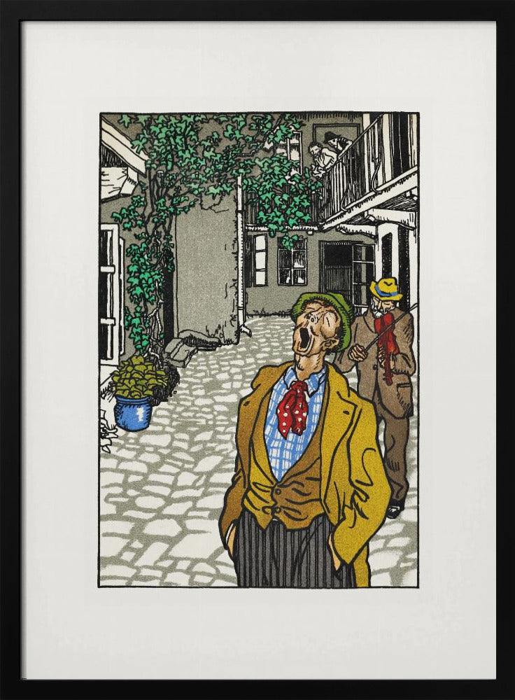 A vintage woodcut-style illustration of a man in a yellow jacket and green hat singing or yelling with his mouth wide open in a cobblestone courtyard. Behind him, another man plays a violin. The scene is framed in black with a white mat. Decor