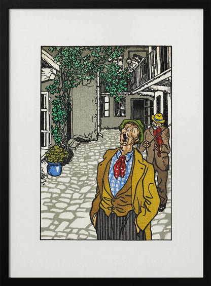 A vintage woodcut-style illustration of a man in a yellow jacket and green hat singing or yelling with his mouth wide open in a cobblestone courtyard. Behind him, another man plays a violin. The scene is framed in black with a white mat. Decor