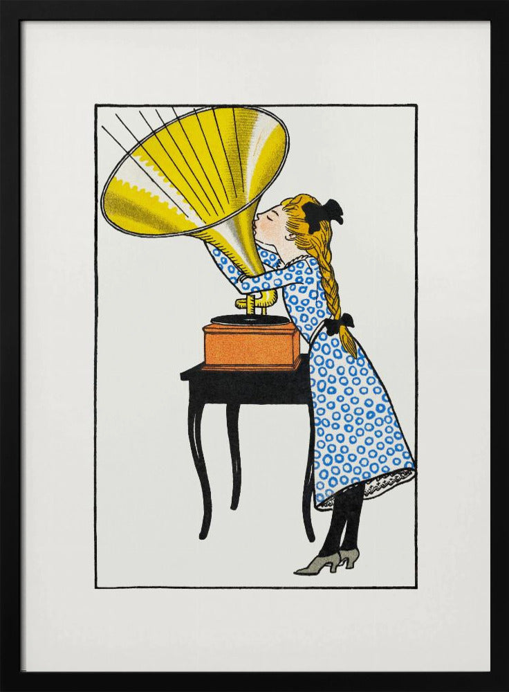 A vintage-style color illustration of a young girl with blonde braids and a blue patterned dress kissing the large yellow horn of a phonograph that sits on a small black table. Poster