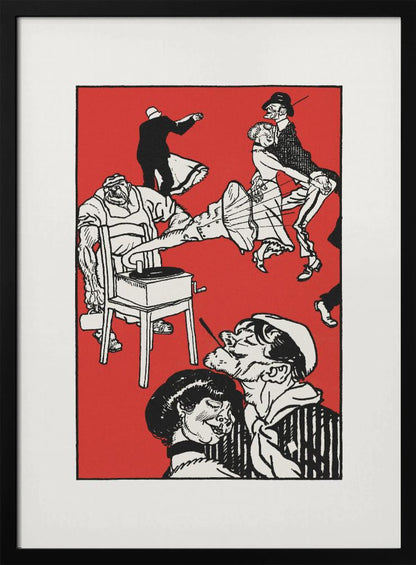 A vintage-style black and white illustration on a bright red background depicting a chaotic and lively dance scene. Several couples dance with exaggerated, energetic movements. In the foreground, a sailor with a cigarette gets close to a woman, and to the left, a large, muscular man operates a record player that is sitting on a chair. Wall Art
