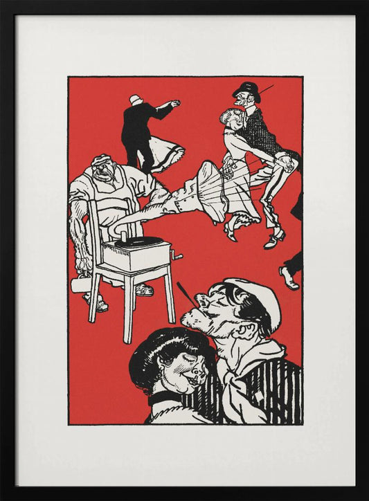 A vintage-style black and white illustration on a bright red background depicting a chaotic and lively dance scene. Several couples dance with exaggerated, energetic movements. In the foreground, a sailor with a cigarette gets close to a woman, and to the left, a large, muscular man operates a record player that is sitting on a chair. Wall Art