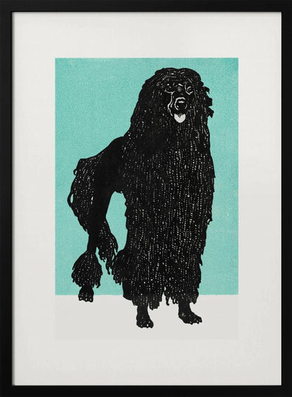 A framed block print of a black corded poodle standing in profile against a solid teal background. The dog's textured, shaggy coat is depicted in black ink with fine white lines creating detail. The artwork is surrounded by a white mat and a simple black frame. Artwork