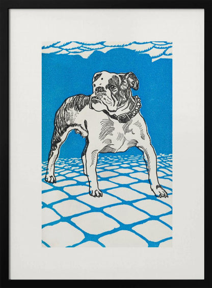 A framed graphic illustration of an English bulldog. The dog is white with black line-art details and stands on a white tiled floor outlined in blue. The background is a solid, bright blue, creating a bold and stylized look. Decor