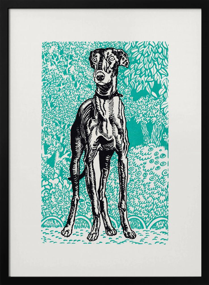 A framed linocut-style print of a black and white greyhound standing alert against a vibrant teal background patterned with stylized trees and foliage. Poster