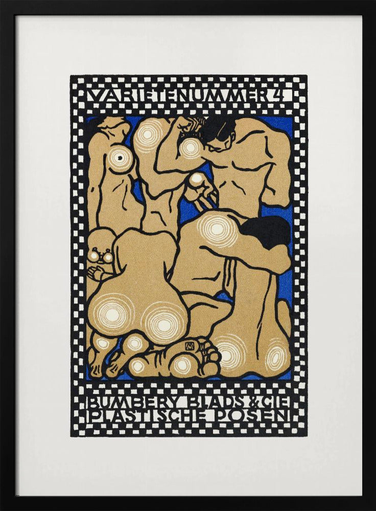 A vintage Art Nouveau style poster featuring stylized nude figures in various poses against a vibrant blue background. The figures are tan with thick black outlines and white concentric circles on their joints and bodies. The artwork is framed by a black and white checkered border with text at the top reading 'VARIETENUMMER 4' and at the bottom 'BUMBERY BLADS & CIE PLASTISCHE POSEN'. Artwork