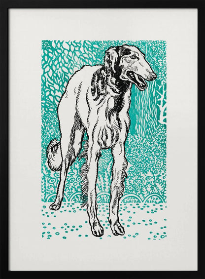 A framed graphic art print featuring a black and white illustration of a slender Borzoi dog. The dog stands facing right against a vibrant teal background with a dense, leafy pattern. The style resembles a linocut or woodblock print. Wall Art