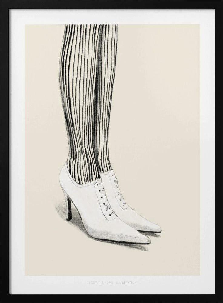 A black and white pencil illustration focusing on the lower legs and feet of a person wearing vertically striped tights and white, pointed-toe, lace-up stiletto heels against a cream background. Artwork