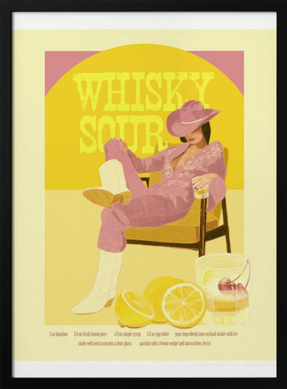 A vintage-style poster for a Whisky Sour cocktail, featuring an illustration of a woman in a pink jumpsuit, cowboy hat, and white boots relaxing in a chair with a drink. Behind her, a yellow circle displays the text 'WHISKY SOUR'. In the foreground are fresh lemons and a cocktail shaker, with the recipe printed below. Artwork
