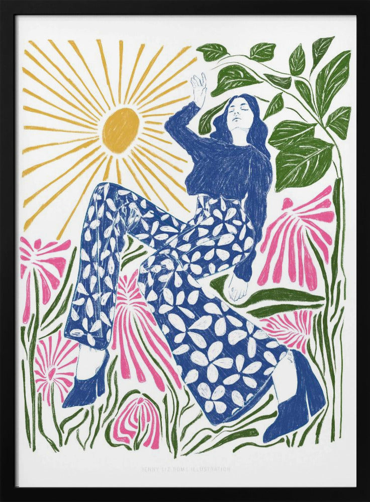 A colorful, stylized illustration of a woman relaxing in a field of large pink flowers under a bright yellow sun. She wears a blue top and blue and white floral pants, with her arm raised lazily. The artwork has a folk art, block-print style. Poster