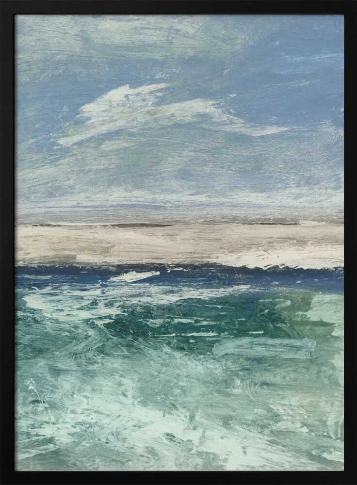 Abstract painting of an ocean scene with a sandy beach under a cloudy blue sky. Modern coastal wall art.