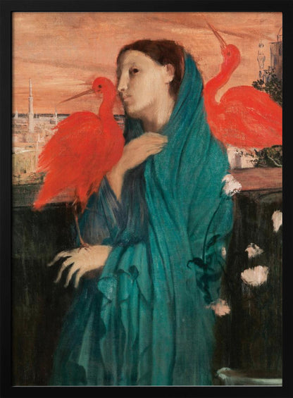 A vintage painting of a pensive woman draped in a teal robe, standing on a balcony with two vibrant scarlet ibis birds. In the background, a cityscape with minarets is visible under an orange sunset sky. Wall Art