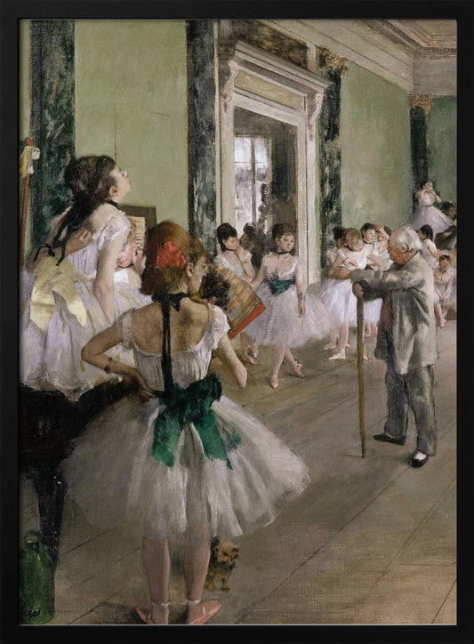 An impressionist painting by Edgar Degas, 'The Dance Class,' depicting a ballet rehearsal in a studio with pale green walls. An elderly ballet master with a cane observes numerous ballerinas in white tutus as they practice and rest. A dancer in the foreground, with her back to the viewer, wears a large green sash. Poster