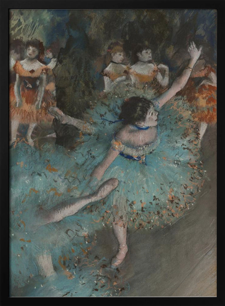 An impressionistic painting of a ballerina in a vibrant turquoise tutu dancing on a stage. She is in the foreground with her arms raised, and other dancers in orange costumes are visible in the softly lit background. Print