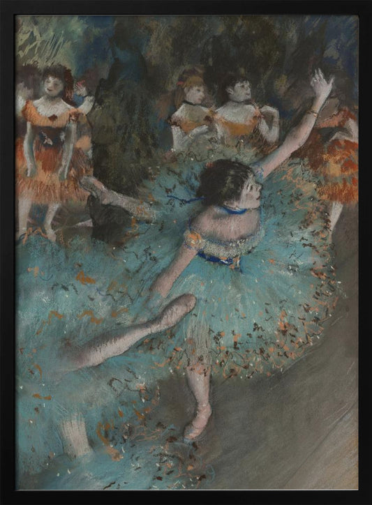 An impressionistic painting of a ballerina in a vibrant turquoise tutu dancing on a stage. She is in the foreground with her arms raised, and other dancers in orange costumes are visible in the softly lit background. Print