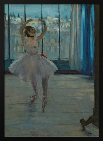 An impressionistic painting by Edgar Degas of a ballerina in a dance studio. The dancer, wearing a white tutu and pointe shoes, stands in a graceful pose with her arms raised above her head. She is positioned in front of a large window that looks out onto a hazy cityscape under a blue sky. The room has a wooden floor and a deep blue curtain to the right. Poster