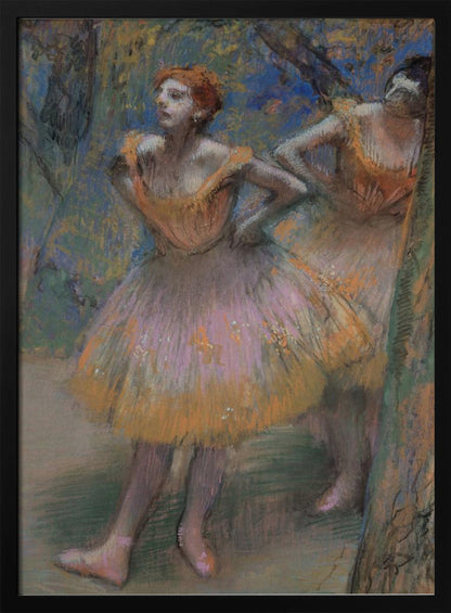 An impressionist pastel painting by Edgar Degas of two ballet dancers. The main dancer in the foreground has red hair and wears a pink and orange tutu. She stands with her hands on her hips, looking off to the left. The background is a blend of blue and green strokes, suggesting a backstage or outdoor setting. Decor