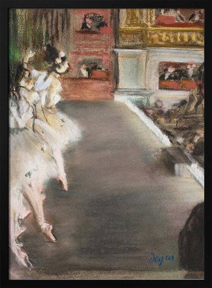 A pastel drawing by Edgar Degas depicting ballerinas from a side-stage perspective. Dancers in fluffy white tutus are grouped on the left, while the grey-brown stage extends to the right towards theater boxes filled with spectators. The style is Impressionistic with a soft, textured finish. Wall Art