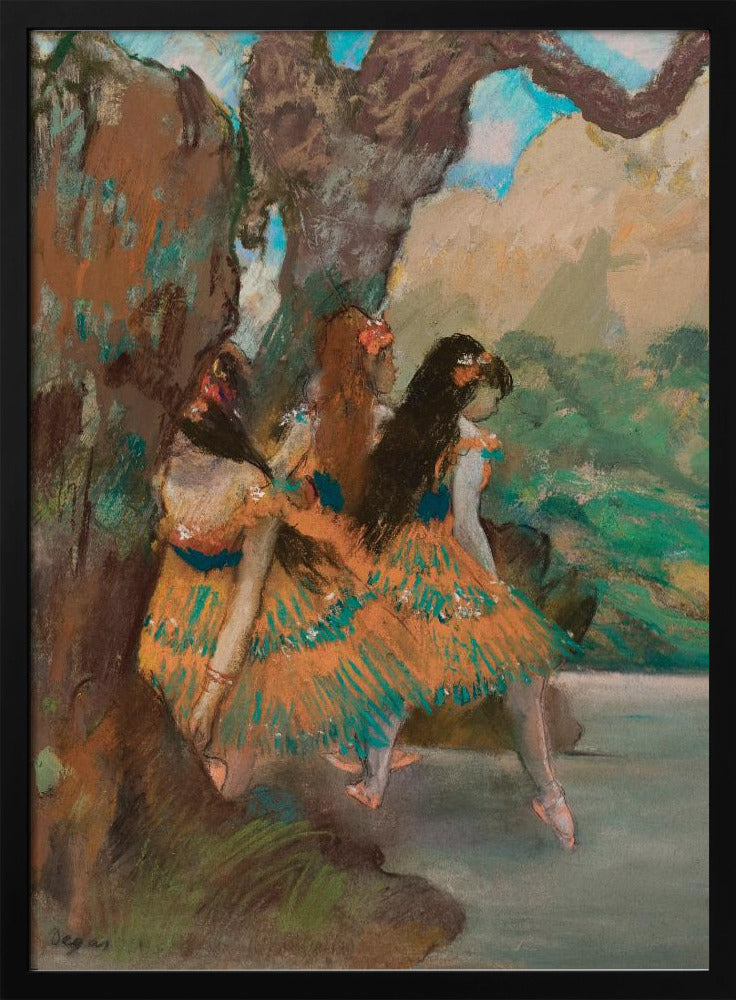 An Impressionist painting by Edgar Degas of three ballet dancers resting. They are wearing vibrant orange and teal tutus and are seated under a large, textured tree trunk with a soft-focus background of green foliage and a hint of blue sky. Wall Art