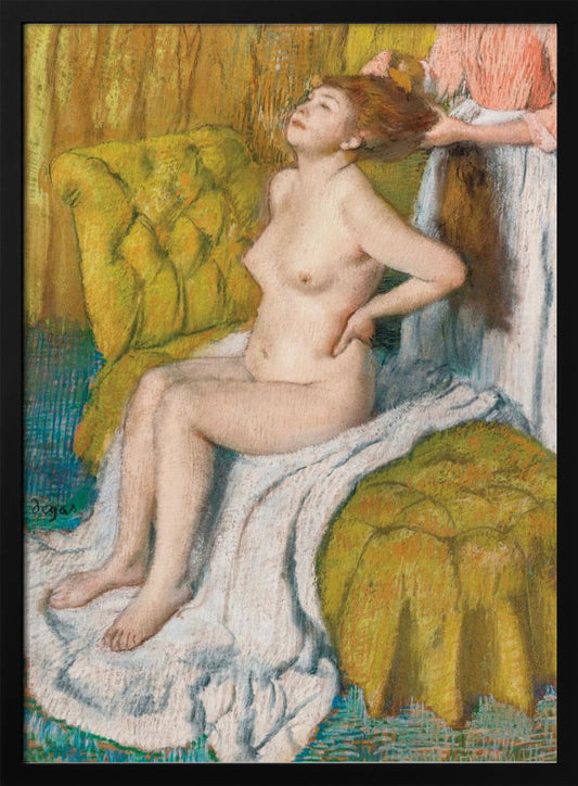 A pastel drawing by Edgar Degas of a nude woman with red hair sitting on a plush, chartreuse armchair. She leans her head back in pleasure as another person, likely a maid, stands behind her and combs her hair. The scene is intimate and rendered in an impressionistic style with visible pastel strokes. Artwork
