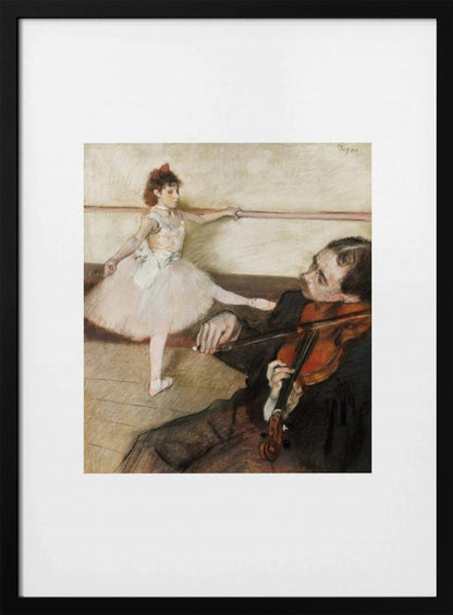 A framed impressionist painting by Edgar Degas titled 'The Dance Lesson'. The artwork depicts a young ballerina in a white tutu and red ribbon in her hair practicing at a ballet barre. In the foreground, a musician sits and plays the violin. Wall Art