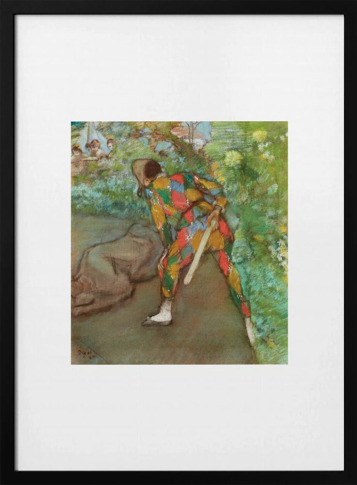 A framed vintage painting by Edgar Degas depicting a Harlequin in a colorful diamond-patterned costume. The figure is shown from the back, bending in a garden setting, with other figures faintly visible in the background. Wall Art