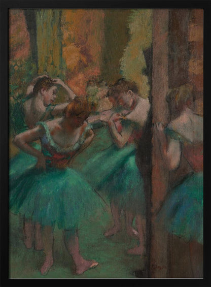 An impressionistic painting of several ballet dancers in vibrant green tutus backstage. The dancers are captured in candid moments, adjusting their costumes and hair against a warm, earthy background of brown and orange tones. Poster