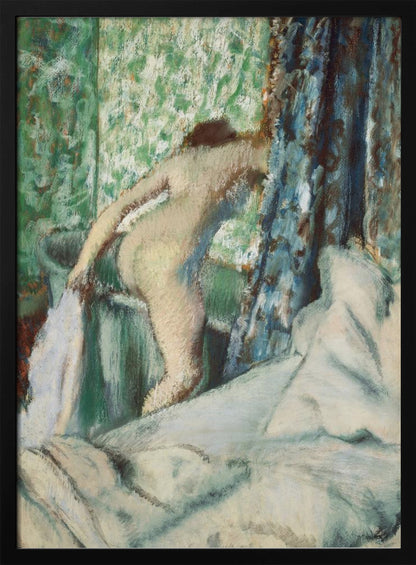 An impressionistic painting by Edgar Degas titled 'After the Bath, Woman Drying Herself'. It depicts the back of a nude woman leaning over a washbasin, with a towel in hand. The background is a vibrant green patterned wallpaper, with a blue curtain to the right and crumpled white sheets in the foreground. The style is soft and textured, characteristic of pastel work. Print