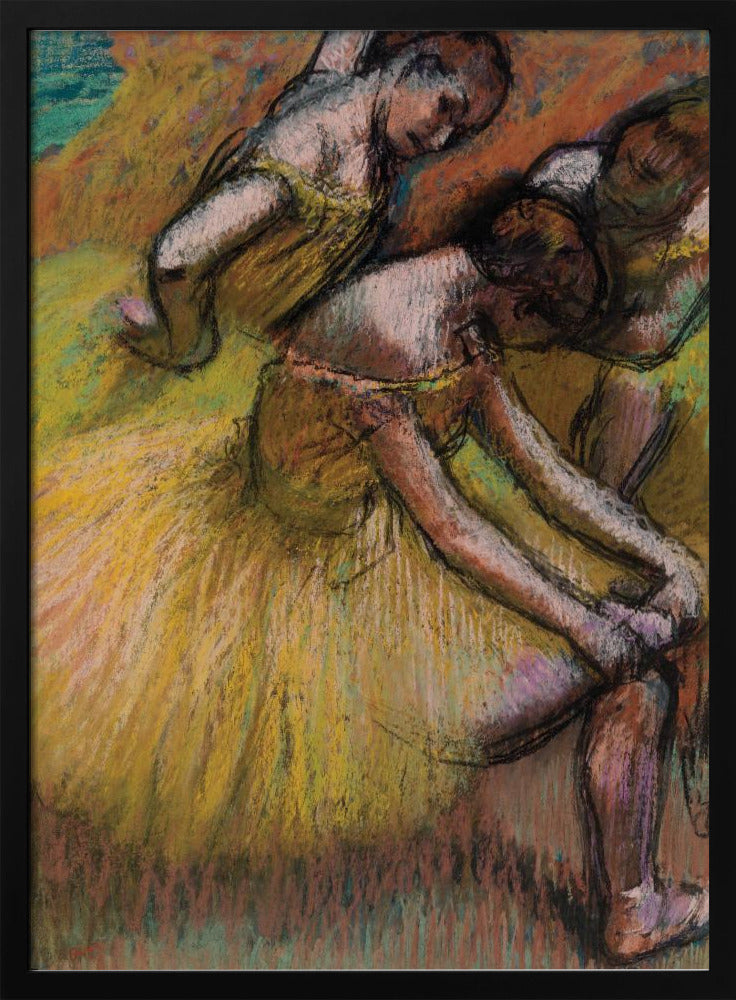 An impressionist pastel drawing of three ballet dancers in yellow tutus. One dancer is in the foreground, bent over to adjust her shoe, while two others are in the background. The artwork features a warm color palette with energetic, visible strokes. Decor