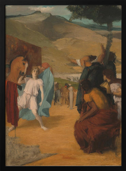 A vintage painting depicting a historical scene in an arid, hilly landscape. In the foreground, a young person in a white tunic and blue robe stands next to a horse, while a group of people in classical attire gesture towards the background. Print