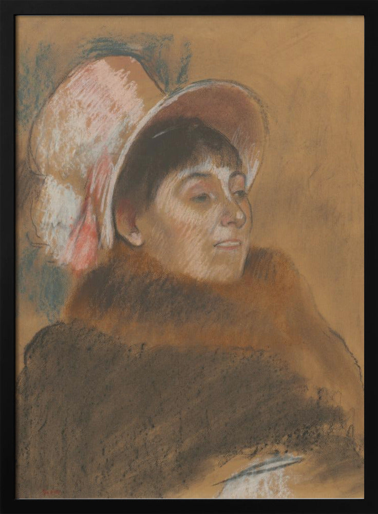 A vintage pastel portrait of a woman in three-quarter view, looking to her right. She has dark hair with bangs and is wearing a large, soft pink hat and a heavy brown coat. The background is a warm ochre color, and the overall style is sketchy and impressionistic. Artwork
