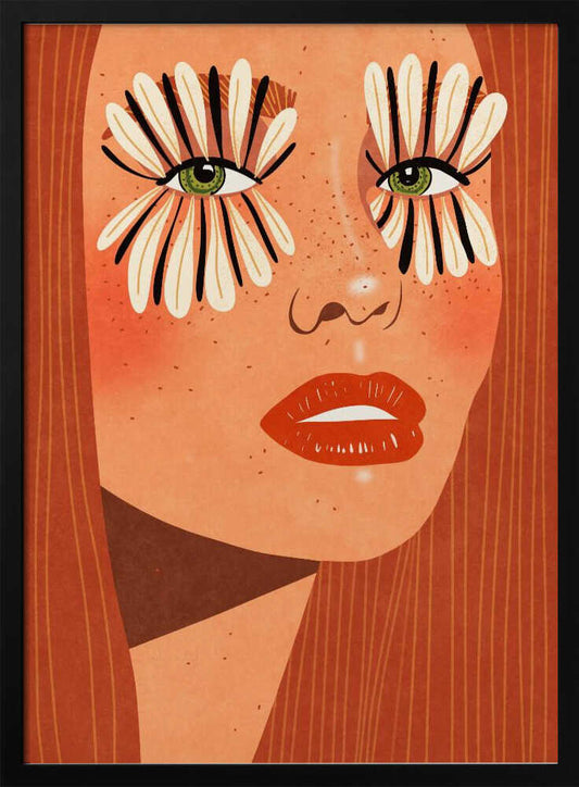 A stylized close-up illustration of a woman's face with long red hair, freckles, and green eyes. Her makeup is a bold, graphic design of black and white flower petals radiating around her eyes, and she has bright red lips. Decor