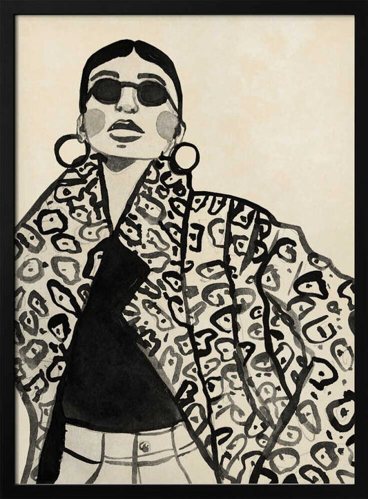 A black and white ink illustration of a stylish woman with dark hair pulled back, wearing large round sunglasses and oversized hoop earrings. She is dressed in a bold leopard-print jacket over a black top, against a cream-colored background. Print