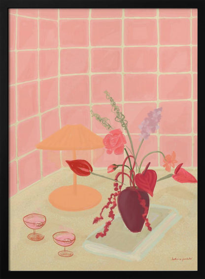 A painterly still life illustration of a countertop against a pink tiled wall, featuring a burgundy vase with an arrangement of red and pink flowers, an orange lamp, and two coupe glasses filled with a pink beverage. Poster