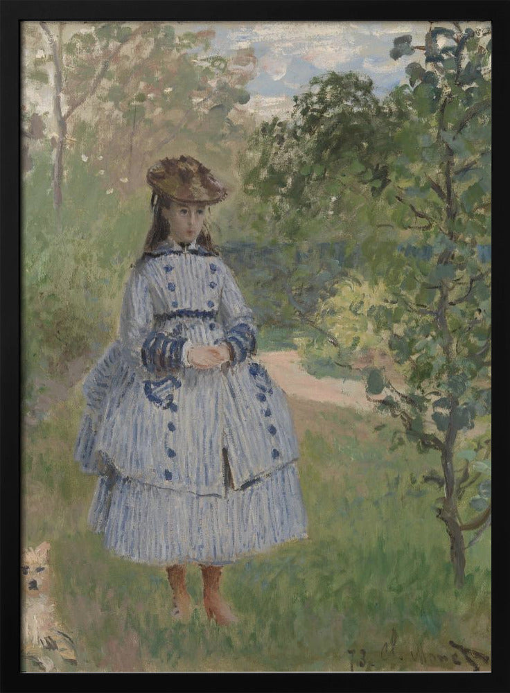 An Impressionist painting by Claude Monet titled 'Jeanne-Marguerite Lecadre in the Garden'. It depicts a young girl in a blue and white striped dress and a hat, standing in a lush, green garden with trees and a path in the background. The style features soft, visible brushstrokes. Poster