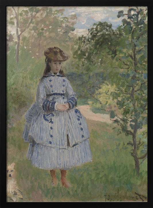 An Impressionist painting by Claude Monet titled 'Jeanne-Marguerite Lecadre in the Garden'. It depicts a young girl in a blue and white striped dress and a hat, standing in a lush, green garden with trees and a path in the background. The style features soft, visible brushstrokes. Poster