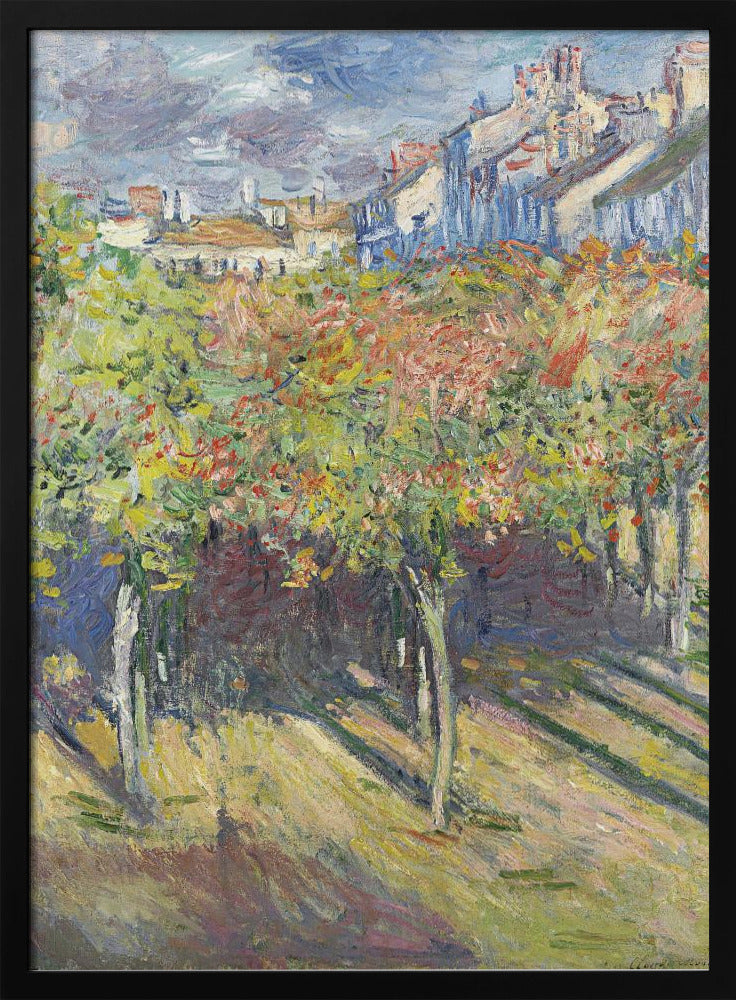 An impressionist painting of a sun-dappled landscape. Colorful autumn trees and vines fill the foreground, casting long shadows on the grassy ground. In the background, a row of buildings with white and blue walls and red roofs rises up under a cloudy sky. Print