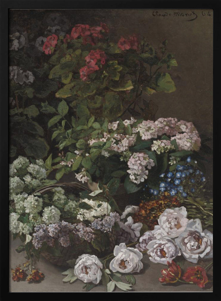 A classic vertical still life painting by Claude Monet from 1864. It showcases a rich and abundant arrangement of various flowers against a dark, muted background. Prominently featured are pink geraniums, clusters of white and pink hydrangeas, lilacs in a basket, and a scattering of white peonies and red tulips in the foreground. Poster