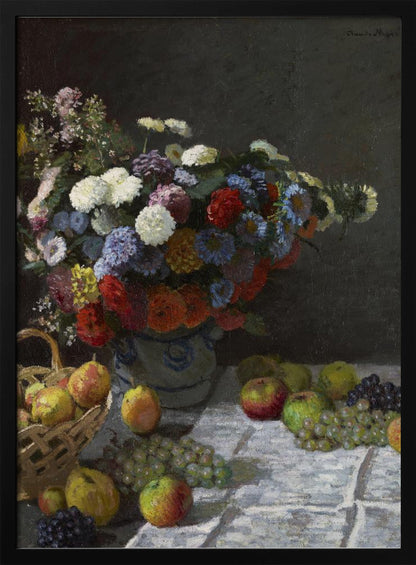 A classic still life painting by Claude Monet depicting a vibrant, multicolored bouquet of flowers in a ceramic vase. Scattered around the vase on a white tablecloth are various fruits, including apples, pears in a basket, and bunches of grapes, all set against a dark, moody background. Poster